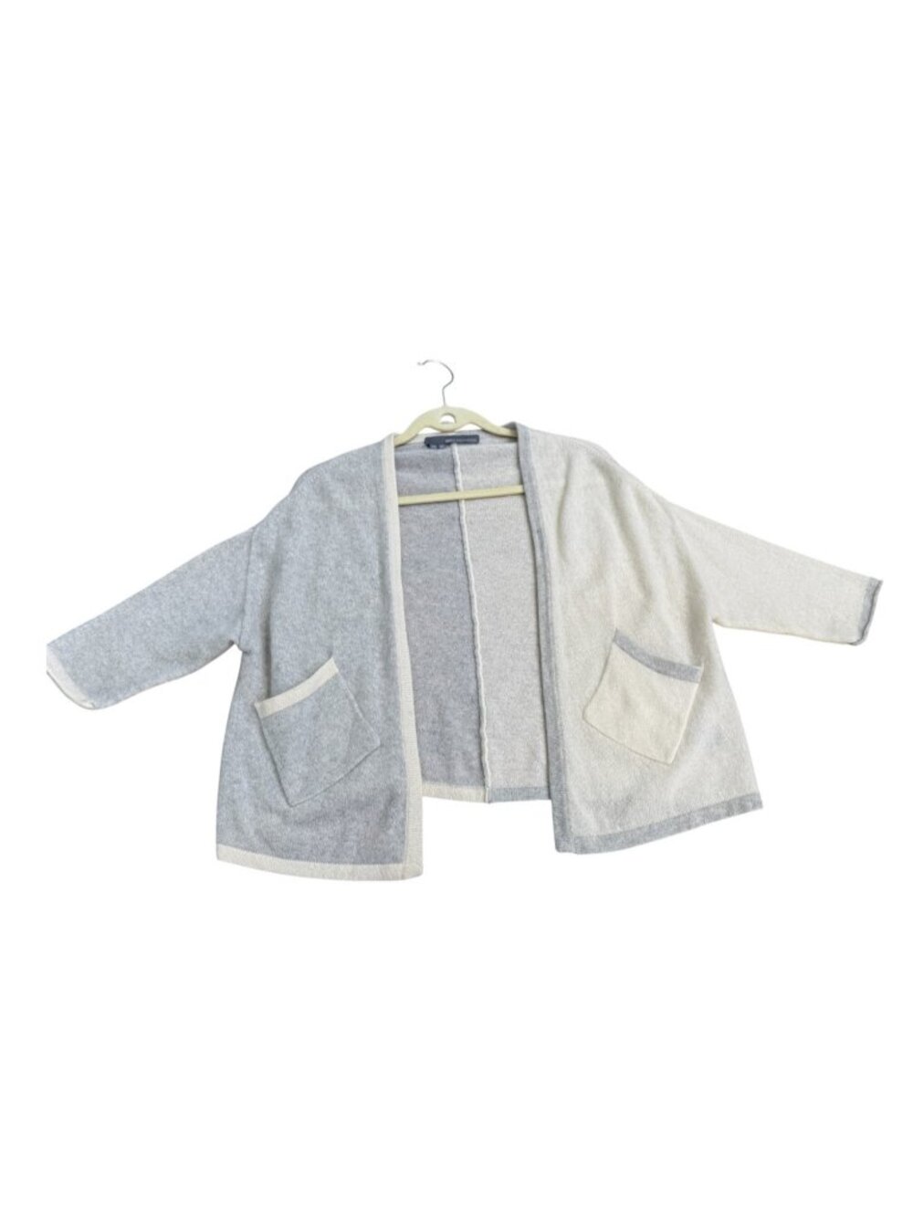 360 Cashmere Cream Ivory Grey Color Block Cropped Shawl Open Cardigan Sweater XS
